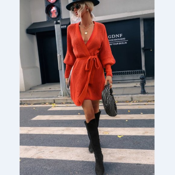 Rib-Knit Lantern Sleeve Belted Sweater Dress - Picture 9 of 16